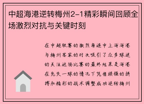 中超海港逆转梅州2-1精彩瞬间回顾全场激烈对抗与关键时刻