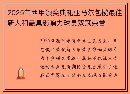 2025年西甲颁奖典礼亚马尔包揽最佳新人和最具影响力球员双冠荣誉 2025年西甲颁奖典礼亚马尔包揽最佳新人和最具影响力球员双冠荣誉