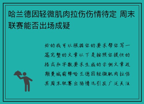 哈兰德因轻微肌肉拉伤伤情待定 周末联赛能否出场成疑