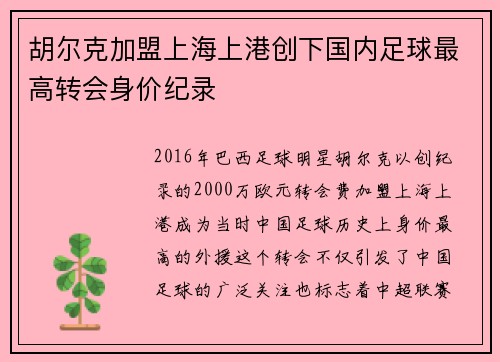 胡尔克加盟上海上港创下国内足球最高转会身价纪录